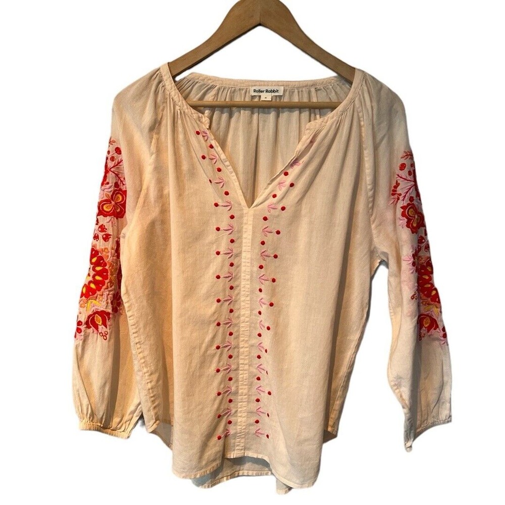 Roller Rabit Light Peach Embroidered Boho Flowy Blouse Medium